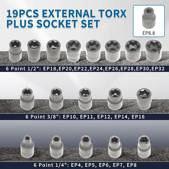 External Torx Plus Socket Set 6 Point EP Socket EP4, EP5, EP6, EP7, EP8, EP10, EP11, EP12, EP14, EP16, EP18, EP20, EP22, EP24, EP26, EP28, EP30, EP32 with 1/2'' 3/8'' 1/4'' Dr E-Torx Plus Sockets 19pc