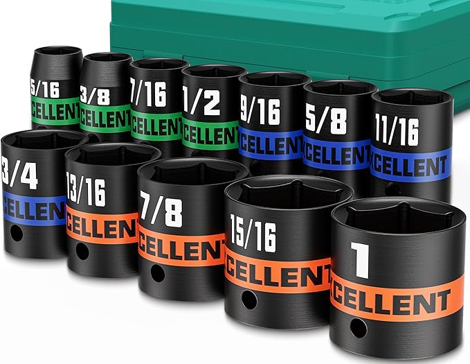 12 Pieces 3/8-Inch Drive Impact Socket Set, 5/16" to 1" Shallow Socket, 6 Point SAE Sockets for Automotive Repair, Equipment Maintenance