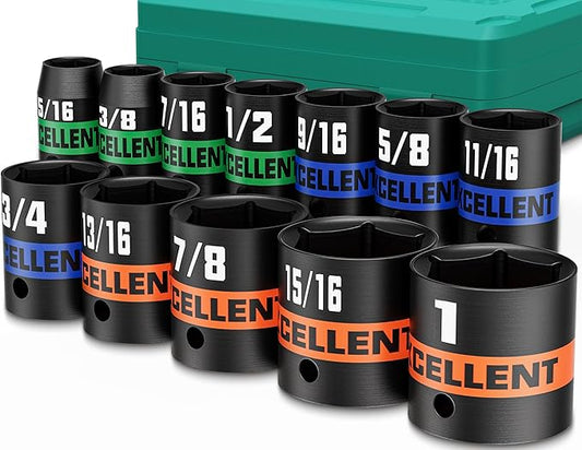 12 Pieces 3/8-Inch Drive Impact Socket Set, 5/16" to 1" Shallow Socket, 6 Point SAE Sockets for Automotive Repair, Equipment Maintenance