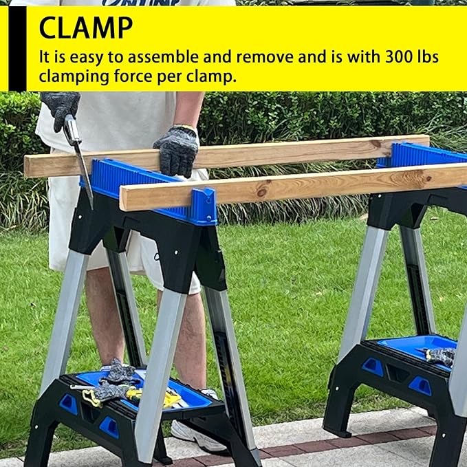 ZYJOYY Saw Horses 2 Pack Folding Heavy Duty ,Includes 4 Sawbucks, 2500 LBS Total Load Capacity, Built-In Tool Tray & Cord Hooks, Metal Folding Saw horse for Woodworking