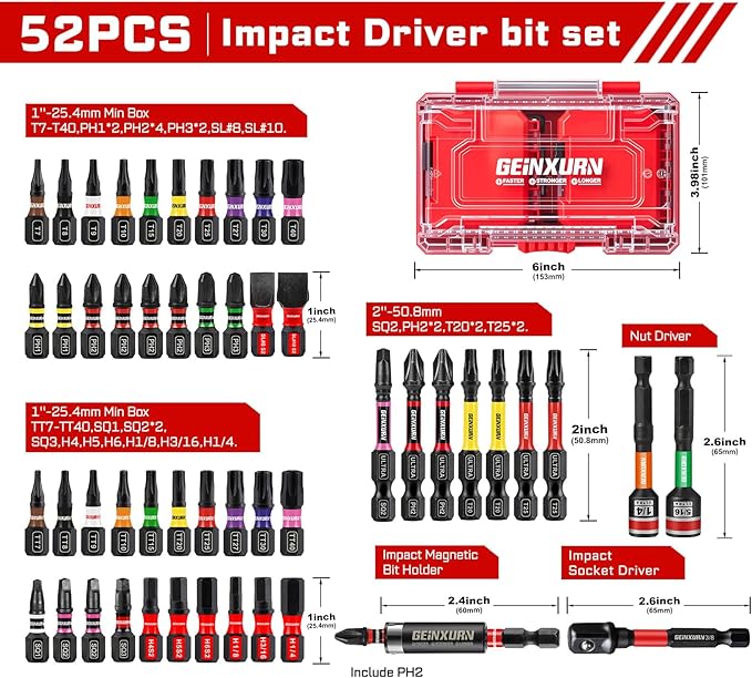 52Pcs Impact Screwdriver Bits Set, Magnetic S2 Steel 1??2??Phillips/Square/Torx/Slotted/Hex Bits Tips,Impact Bit Holder and Nut Driver and Socket Adapter Set with Red Storage Box Case