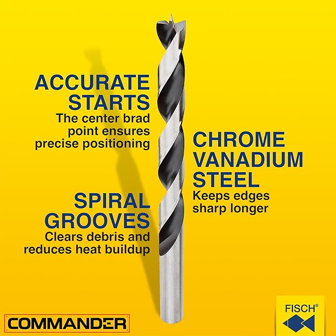Fisch - 1200318 FSF-320791 Chrome Vanadium Brad Point Drill Bit Set, 7 Pcs. Set Includes 1/8 inch - 1/2 inch - in Blister Pack