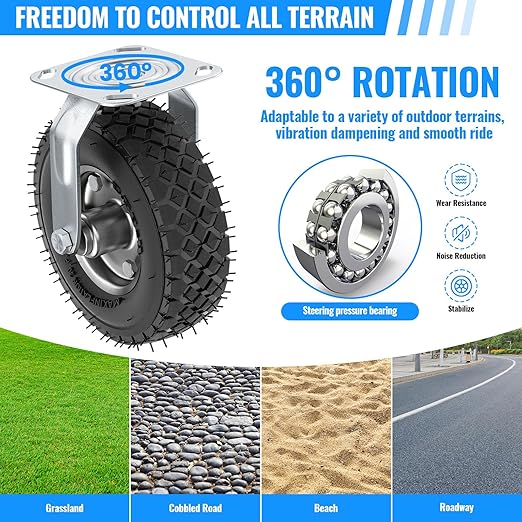8 Inch Pneumatic Caster Wheels Set of 4 (2 Swivel/2 Rigid),Heavy Duty Casters,Tolerable 880 LBS,Rubber Knobby Tread for Workbench, Cart, Trolley,Wagon and Shelves