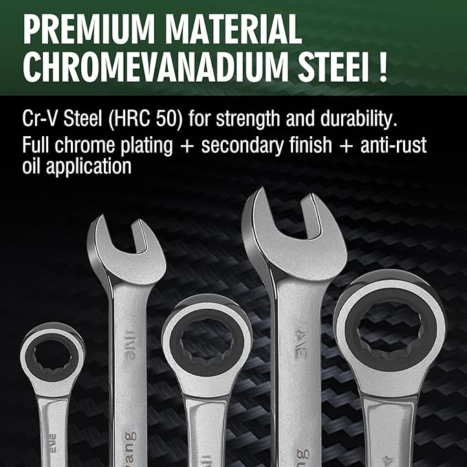 8-Piece Ratcheting Combination Wrench Set, Matte Silver Finish, SAE 5/16-3/4 in, 72-Tooth Ratchet Gears, 5째 Swing Arc, Anti-Slip Tooth Design, Cr-V Steel, Full Chrome Plated, Foldable Storage Pouch