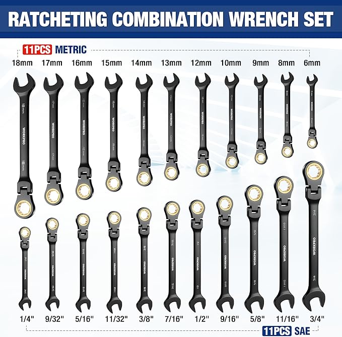 WORKPRO 22-piece Ratcheting Wrench Set with 180째 Flex Head, Anti-Slip Tooth, Combination Wrench Sets with Organizer Box, Metric 6-18mm & SAE 1/4-3/4", Black Electrophoretic Coating