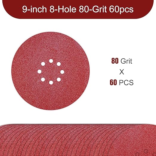 9 inch Sanding Discs 80 Grit 8 Holes Hook and Loop Sandpaper for Drywall Sander 60Pack