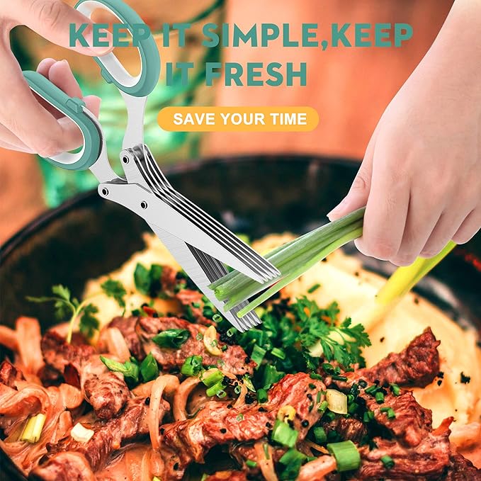 Fun Unique Kitchen Gadgets: Herb Scissors Set - Updated 2025 Cool Kitchen Tools for Cutting Fresh Garden Herbs - Sharp 5-Blade Shears with Cover, Anti-Rust Stainless Steel, Dishwasher Safe (Blue)