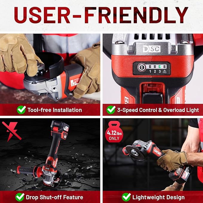 20V Cordless Angle Grinder, 4-1/2 Inch Brushless Power Grinder Tool with 4000mAh Battery, 6 Piece Discs (2 Cutting/2 Grinding/2 Polishing), Tool-Free Guard, Drop Control & Overload Protection