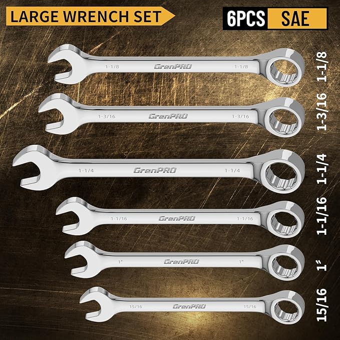 GRENPRO SAE Wrench Set, Large Wrench Set, 7-Piece 15/16", 1", 1-1/16", 1-1/8", 1-3/16", 1-1/4" Long Big Open End Wrench Tools Set Roll Up Pouch Organizer with Gauge, 12 Point Combination Wrenches Sets