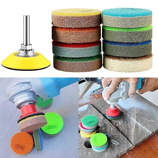 2inch 50mm Mini Non-Woven Polishing Pad, 8 Different Grit 150#-10000# Sanding Discs & 6mm Round Handle Hook & Loop Backing Holder for Detail Fine Grinding Buffing (9Pcs/Set)