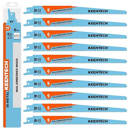 KEENTECH 9 Inch Bi-Metal Reciprocating Saw Blade 10-Pack for Fast Wood Demolition, 6 TPI, Fits Milwaukee Sawzall and Other Reciprocating Saws