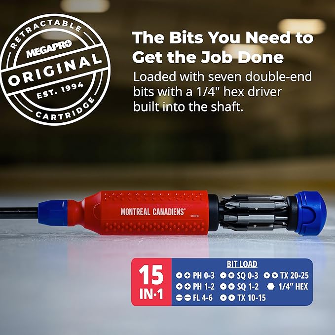 MEGAPRO짰 NHL짰 Team Edition Multi-bit Screwdriver | Officially Licensed NHL짰 Gear | Durable, Ergonomic, Pro-Grade Screwdriver (Montreal Canadiens짰)