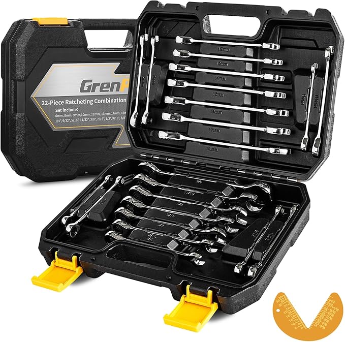 GRENPRO 23 Piece Ratcheting Wrench Set, Open End Wrench Set Metric And Standard 6-18mm & SAE 1/4"-3/4", Combination Wrenches Sets, Organizer Tool Box, 72 Tooth Large Wrench Hand Tools Set With 1 Gauge