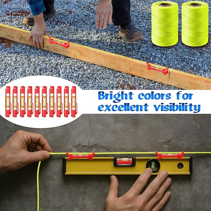 2 Pack #18 500 ft Mason Line String & 10 Pack Built-in Levels, String Level Line Kit for DIY, Gardening Work, Construction Twine Outdoor Projects Layout Brick Working(Fluorescent Yellow)