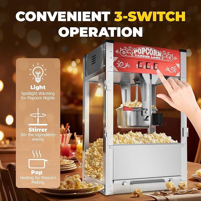 20 Oz Commercial Popcorn Machine, 1440 W, Movie Theater Popcorn Machine, Red Tabletop Pop corn Machine with 3-Switch Control & Steel Frame Tempered Glass Doors