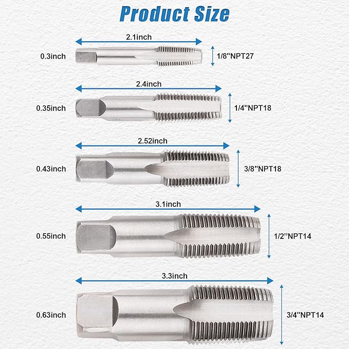 5-Piece NPT Pipe Tap Set, NPT Tap and Die Set with 1/8", 1/4", 3/8", 1/2" and 3/4" Sizes ??Carbon Steel Hand Threading Tool for Plumbing, Mechanics, DIY Tasks, Delivers Clean Accurate Threads