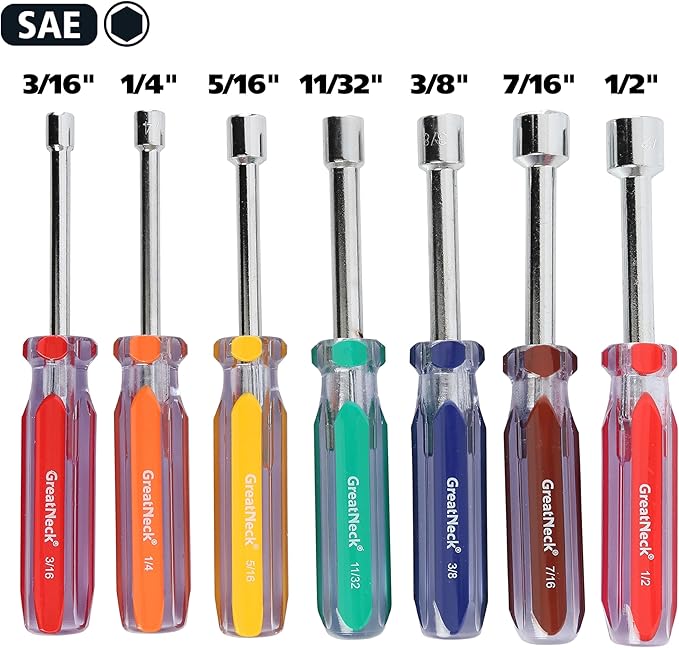 Great Neck ND72 7-Pc SAE Nut Driver Set, Nut Drivers for Automotive, Mechanical, and DIY Projects, Chrome Vanadium Steel, Acetate Color-Coded Handles, Rust-Resistant, ANSI Rated Tools