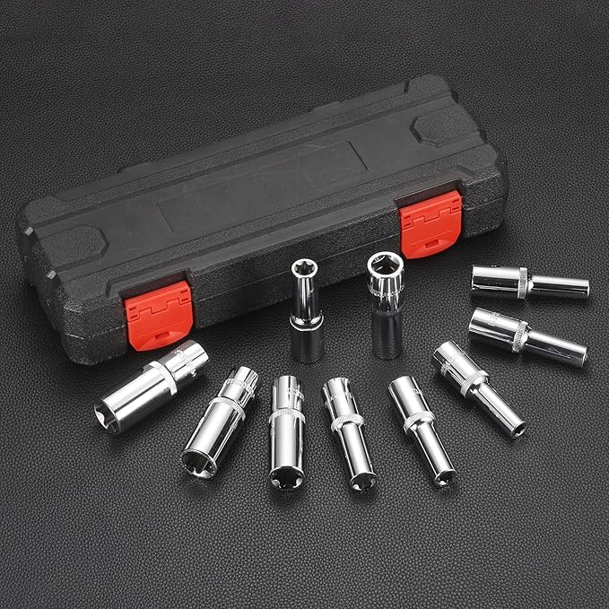 HARFINGTON 2pcs E-Torx Socket 1/2" Drive E16 Star Female Socket 3.1" Length External Torx Deep Sleeve Chrome Plating 6 Point Spline Sleeve for Auto Repairs Home Maintenance