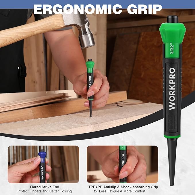WORKPRO 3-Piece Nail Punch Set, Includes 1/32", 1/16", 3/32" Nail Setter, Color Coded Nail Set Tool with Shock-Absorbing Grip