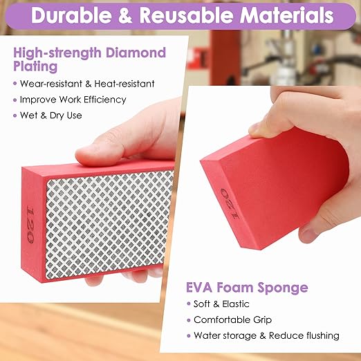 5PCS Diamond Polishing Pads Grit 60# 120# 240# 400# 600#, Wet & Dry Diamond Sanding Pads for Ceramic Tile Metal Marble Glass Granite Wood Stone, Hand Sanding Block Foam Backing