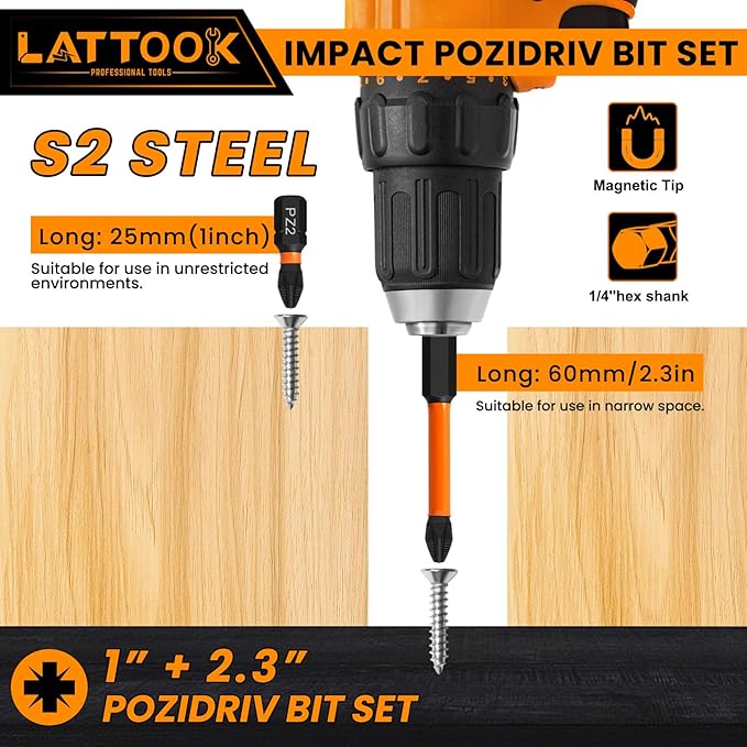 Impact Pozidriv Bit Set, LATTOOK 17PCS Anti Slip PZ2 Pozi Bit Set, Magnetic S2 Steel Pozidriv Screwdriver, PZ1, PZ2, PZ3
