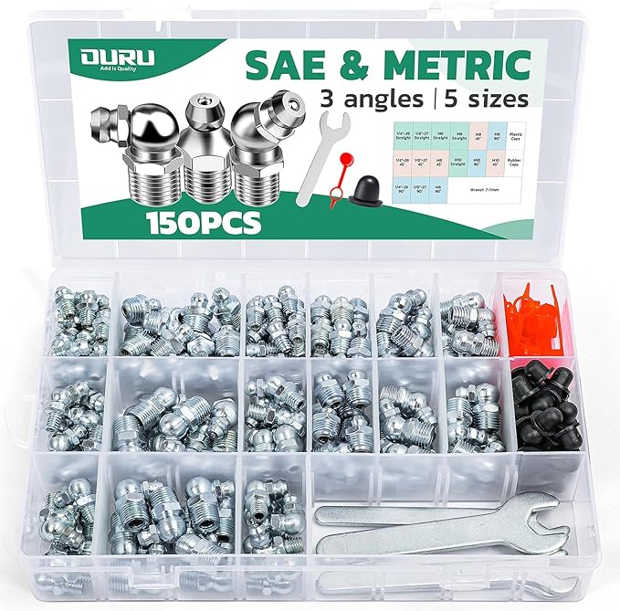 150PCS Grease Fittings Kit, SAE & Metric Zerk Grease Fittings Straight 45 90 Degree with Grease Fitting Caps & Wrench Kit(7-11mm) for Grease Gun