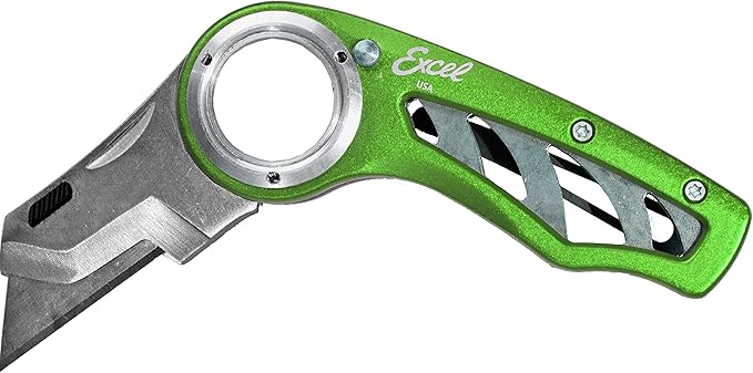 Excel Blades Revo Folding Utility Knife ??Heavy-Duty Box Cutter with Aluminum Body, Quick-Change #92 Blades, 3 Lock Positions Design, Anti-Slip Finger Loop Grip, Holster Included ??Green