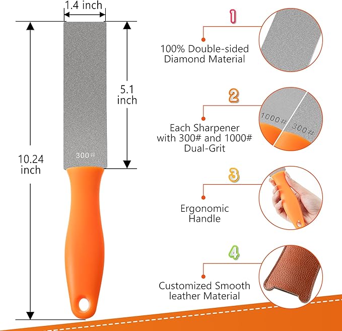 Feekoon 2 Pcs Dual Grit Diamond Sharpening Stone File Coarse 300# /Extra Fine 1000# Grit with Leather Sleeve Garden Tool Blade Sharpener for Knife, Axe, Lawn Mower Blade, Shears, Chisel Spade (Orange)