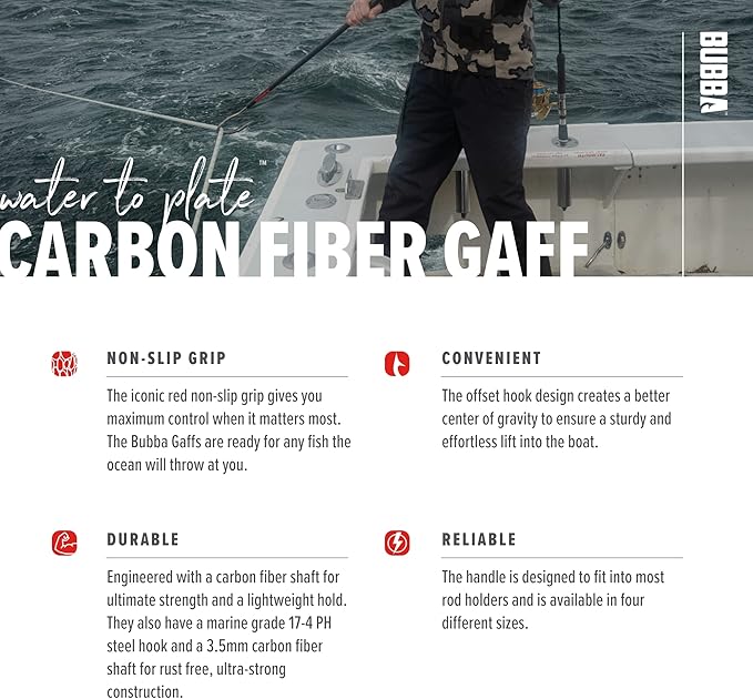 BUBBA 7 Foot Gaff with 3 Inch Stainless Steel Offset Hook, Non-Slip Grip Handles and Carbon Fiber Shaft for Fishing, Boating and Outdoors