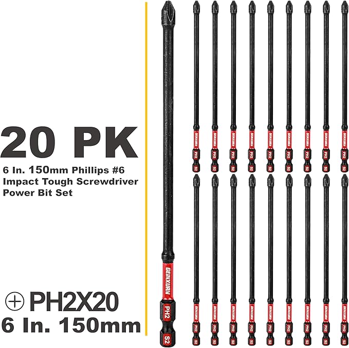 Impact Tough #2 Phillips 6 in. D2 Steel Long Extension Insert Driver Bits,20Pack 1/4 Inch Hex Shank Long Cross Magnetic PH2 Screwdriver Bits Set