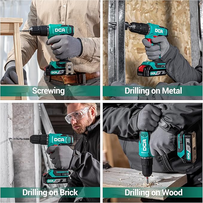 DCA 20V Cordless Hammer Drill Set, 354 In-lb Torque, 1/2" Keyless Chuck, 22500 IPM, 2 Variable Speeds, 18+1+1 Position, Power Impact drill with 14 Drill/Driver Bits for Brick, Metal, Wood ADJZ2035i13