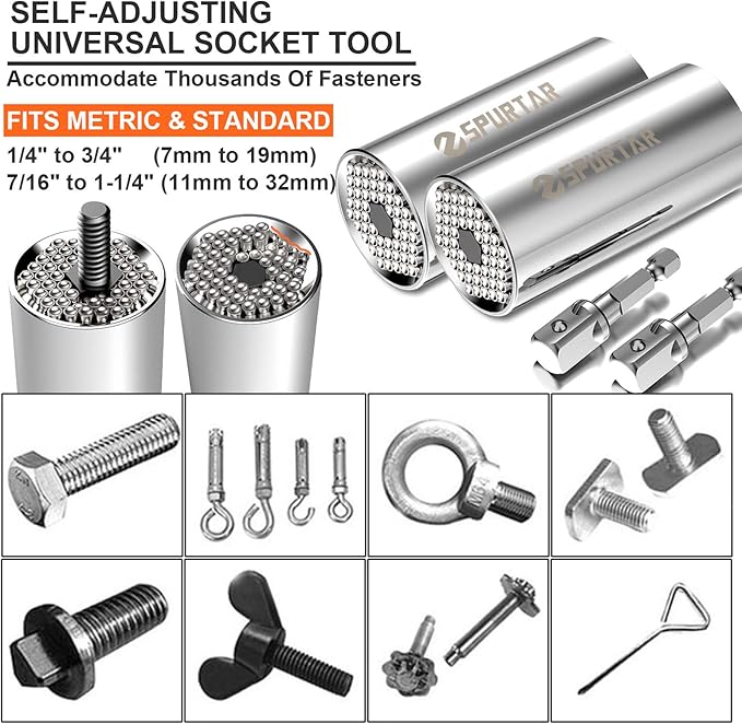 Spurtar Universal Socket Set(11-32mm 7-19mm) for Unscrew Any Bolt Multi-Function Universal Socket Tool with 3/8" 1/2" Power Drill Adapters Birthday Gift for Dad, Husband, Man, Handyman, Father Gadgets