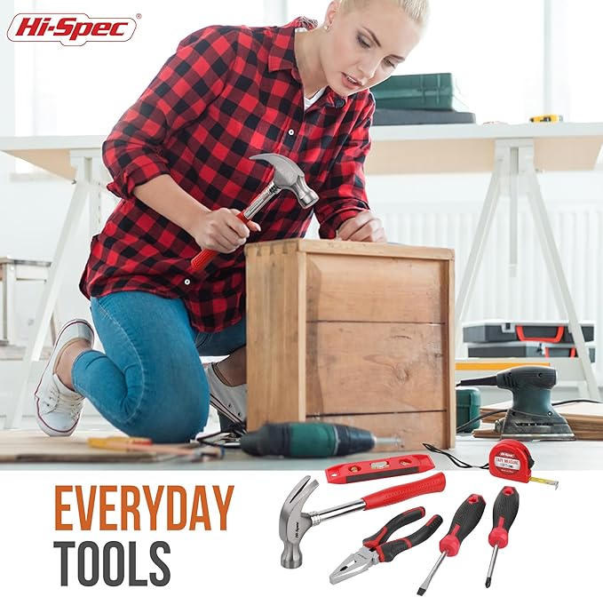Hi-Spec Tool Set Kit, Red Household First Tool Kit and Starter Tool Set for Home and Office, Compact Easy Carry Toolbox