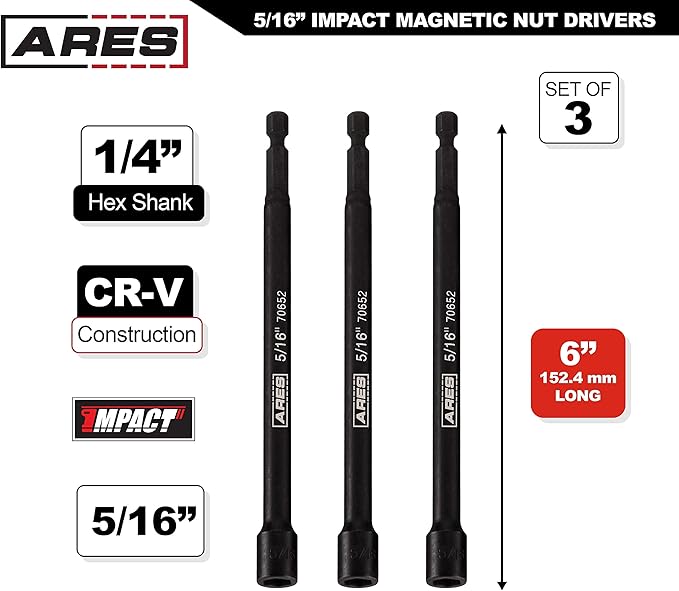 ARES 27009-3-Piece 5/16-Inch Magnetic Impact Nut Driver Bit Set - 6-Inch Length - Impact Grade Nut Setters with Industrial Strength Magnets