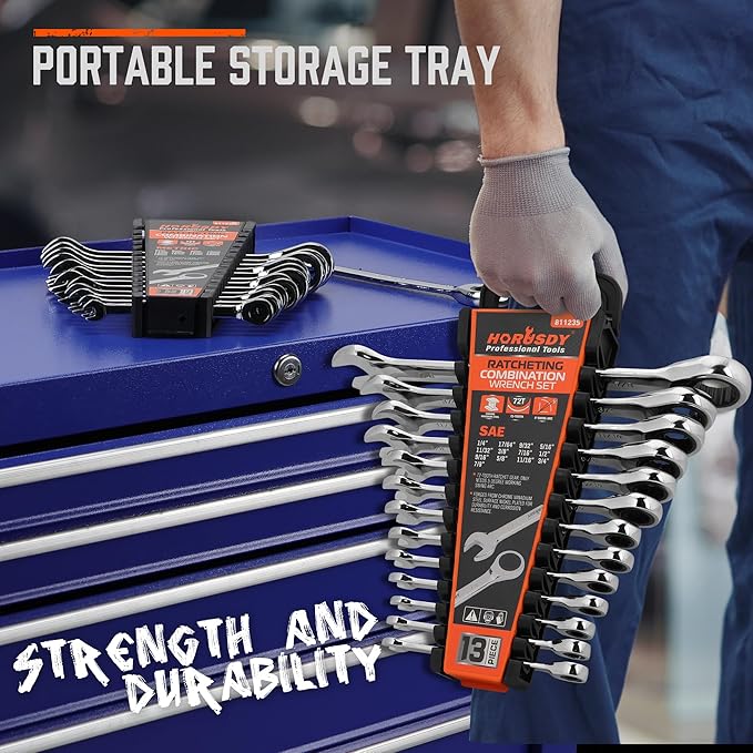HORUSDY 26-Piece Ratcheting Wrench Set | Metric and SAE | Ratchet Combination Wrenches Set with Organizer | 72-Tooth | Chrome Vanadium Steel | 6-19 mm & 1/4??to 3/4??(13-Piece Metric&SAE)