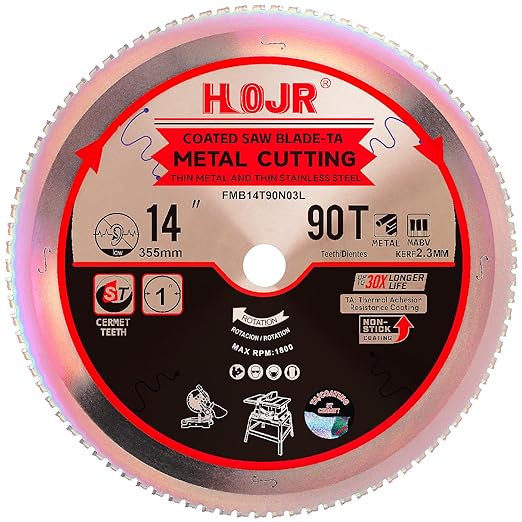 Metal Cutting Circular Saw Blade, Steel and Stainless Steel Cutting, The Cutting Head uses a Special Anti-Heat Sticking Coating with high Finish and Long Life,FMB 14 inch 90-Tooth 1" -TA