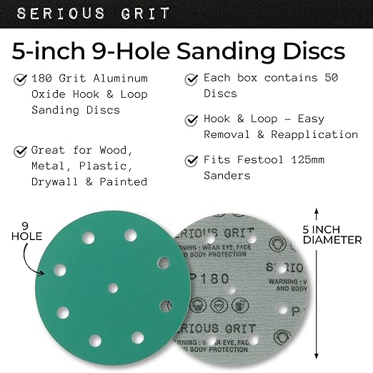 Serious Grit - 5-Inch 9-Hole 180 Grit Sanding Discs - Heavy-Duty Hook & Loop Film Discs - Sandpaper for Random Orbital Sanders - 50 Pack Box