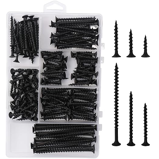 High Hardness Drywall Screws Assortment Kit, 166 pcs, Coarse Thread, Phillips Drive, Black Wood Screws, Screws Assortment, Screws Set, 6 Sizes (3??2??1-1/2??1-1/4??1??3/4??
