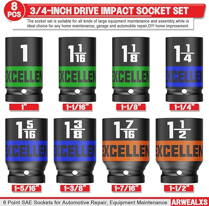 8 Pieces 3/4-Inch Drive Impact Socket Set, 1" to 1-1/2" Jumbo Socket, 6 Point SAE Sockets for Automotive Repair, Equipment Maintenance