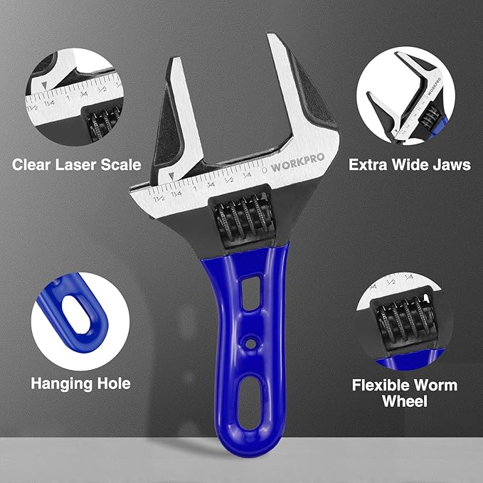 WORKPRO 6-Inch Stubby Adjustable Wrench, 1.5-Inch Extra Wide Jaw Opening Wrench, Metric/SAE Scales, Cr-V Steel, Ideal for Work in Confined Spaces