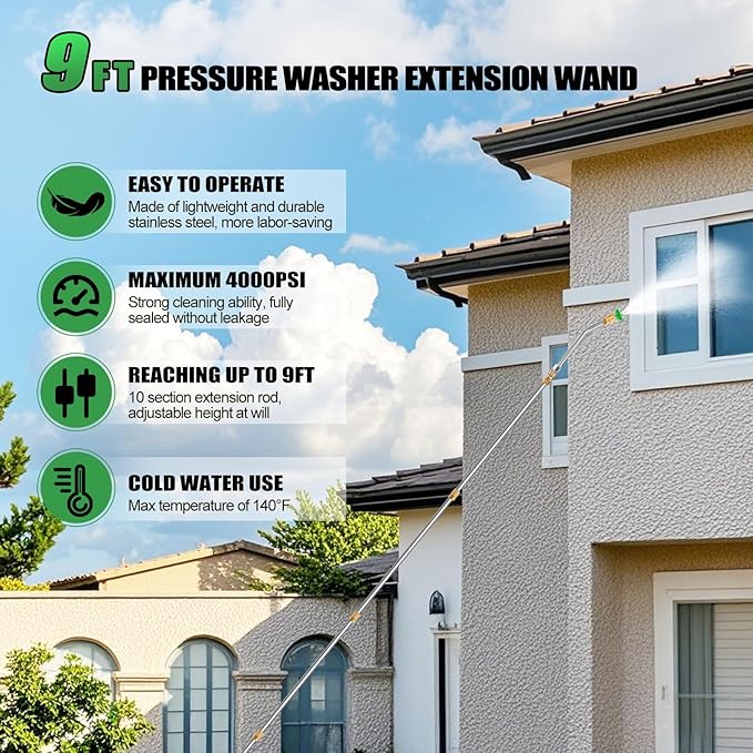 Gutter Cleaning Tools From the Ground, 10 Pack 9 FT Pressure Washer Extension Wand, Power Washer Lance With 6 Pressure Washer Spray Nozzle Tips, 30째, 90째, 120째 Gutter Cleaner Curved Rod, 4000 PSI