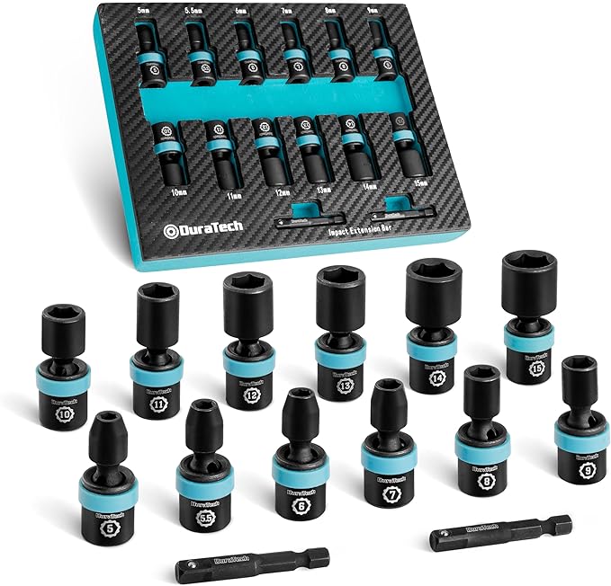 DURATECH 1/4" Drive Impact Universal Joint Socket Set, Swivel Socket Set, 14-Piece, Metric Impact Sockets (5-15 MM) with 2" Extension Bars, Cr-Mo Steel, Organized in EVA Foam Organizer
