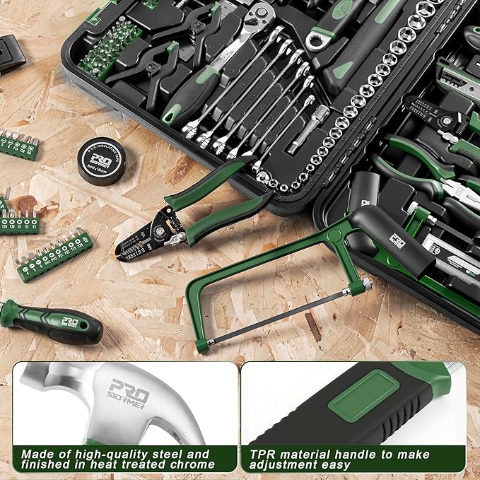 Prostormer 259-Piece Tool Kit, General Household Hand Tool Set with Plastic Storage Toolbox, Portable Complete Repair Tool Box for Home and Car (Green)