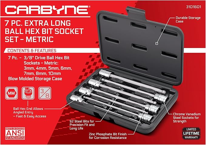 CARBYNE 7-Piece Metric Ball End Extra Long Hex (Allen) Bit Socket Set, 3mm - 10mm Sizes, 3/8 in. Drive, S2 Steel Bits, CrV Sockets ??From a Family-Run Tool Company Based in the U.S.A.