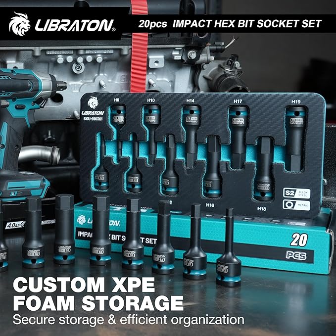 LIBRATON Impact Hex Bit Socket Set, 1/2" Dr, S2 Steel, Metric & SAE 20PCS (H5-H19 & 1/4"-3/4") High Torque Sockets for Professional Mechanics & Automotive Repair (XPE Storage Cases)