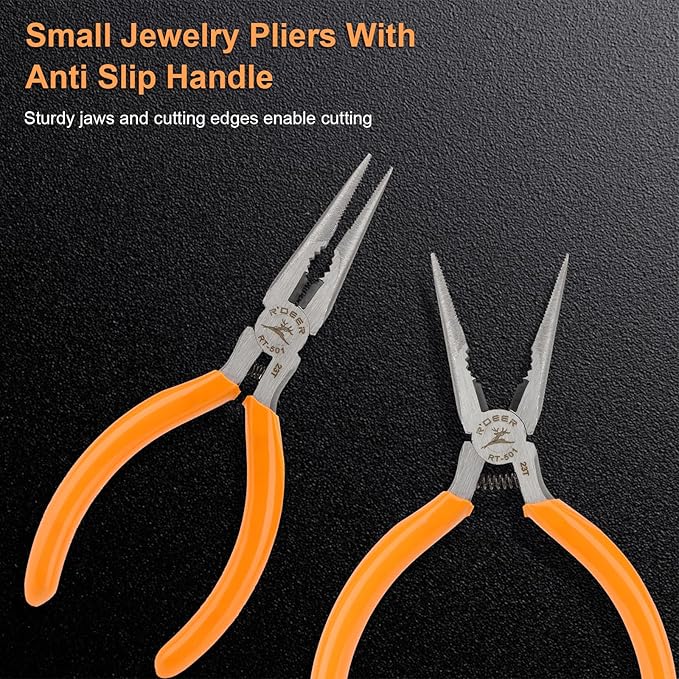 Rongon Small Needle Nose Pliers, 5??Long Nose Plier for Wire Bending, 2 Pack High Carbon Steel Serrated Jaw Pliers for Electronics & Jewelry, Stainless Steel Craft Tools with Non-Slip Grips(2Pcs)