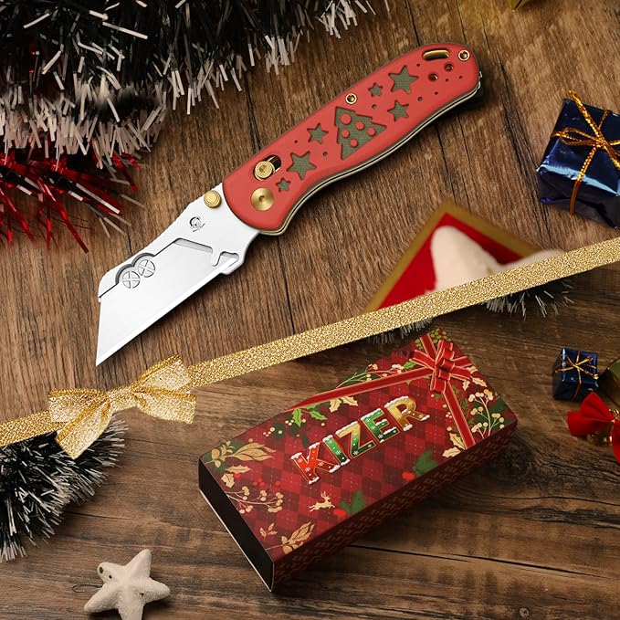 Kizer Uti Bear(Dual-screw Version) Folding Utility Knife, Clutch Lock Box Cutter EDC Pocket knife with 5PCS Razor Blades, G10 Handle Pocket Knives for Men Women Christmas Gift V3619JMC1