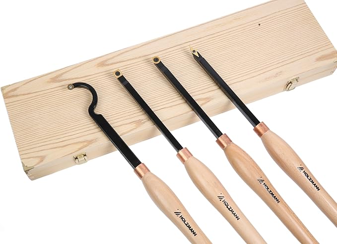 20" Full Size 4 PCS Carbide Wood Lathe Turning Tool Set, Including Swan Neck Hollower, Rougher, Finisher, Detailer, Titanium Coated Carbide Blades 2X Extended Service Life, Beech Wood Handle
