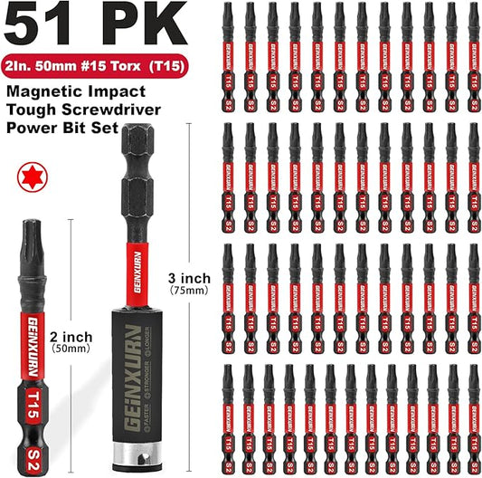 51 Pieces T15 Impact Tough Magnetic Screwdriver Bit Set, 1 In. #15 Torx Head Power Bit Set, S2 Alloy Steel T15 Star Bit with 1Pcs Impact Bit Holder