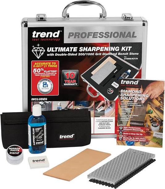 Trend Essential Diamond Sharpening Kit with 300/1000 Grit Bench Stone, Lapping Fluid, Leather Strop, Honing Paste, Cleaning Block & Sharpening Solutions Guide, DWS/KIT/H